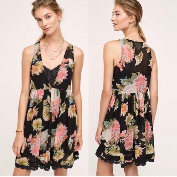 Anthropologie Dresses & Skirts - Anthropologie Maeve Dress Sheer Floral Violetta Babydoll Lace Black & Pink Sz S